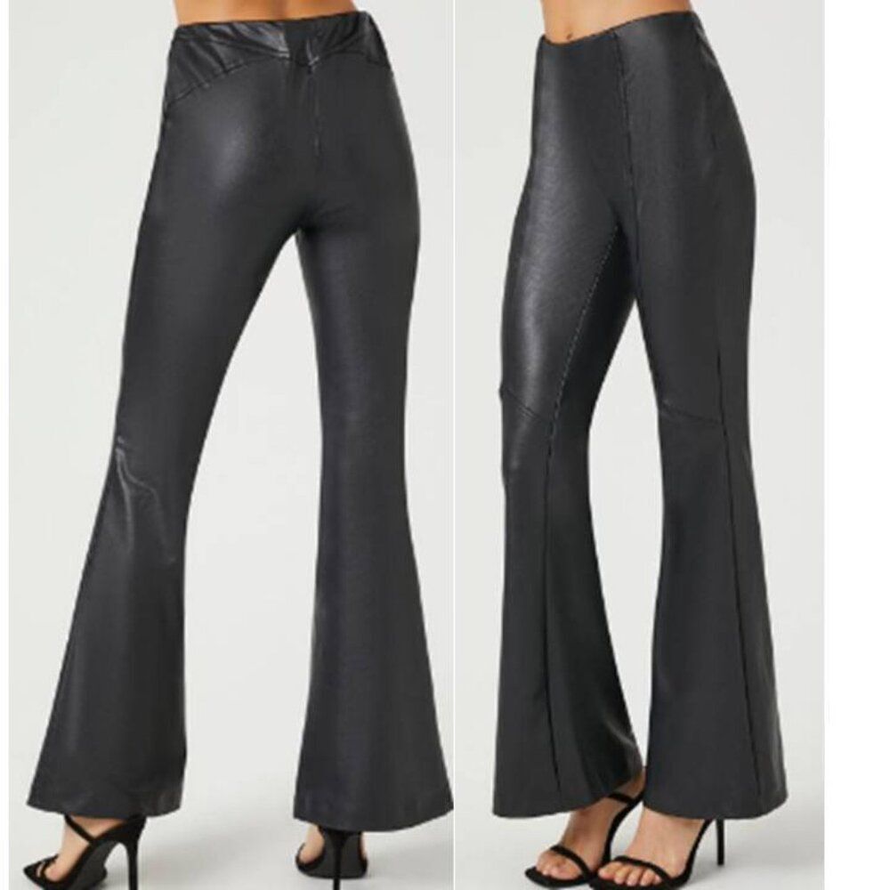 Forever 21 Stretch Flare Pants Women's Faux Leather Black Large